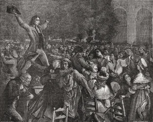 Camille Desmoulins (1760-94) parla al Palais Royal, 12 luglio 1789, inciso da Pierre Gabriel Berthault (1737-1831)